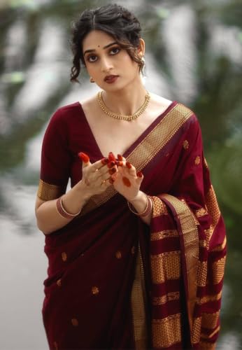 Image of Women's South Indian Art Silk Saree With Blouse Piece For Traditional Sari (Maroon)