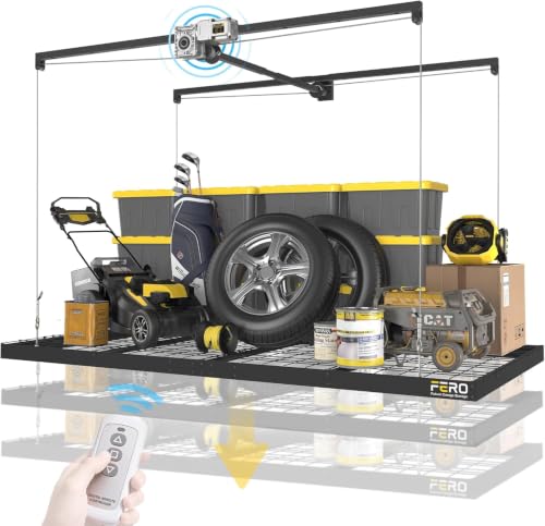 FERO Motorized Overhead Garage Storage Rack with Remote Control Heavy-Duty Ceiling Mounted Organizer 4x8 FT Ceiling Storage Lift System Space-Saving Hanging Garage Shelves 325 LBS Capacity (Motor)