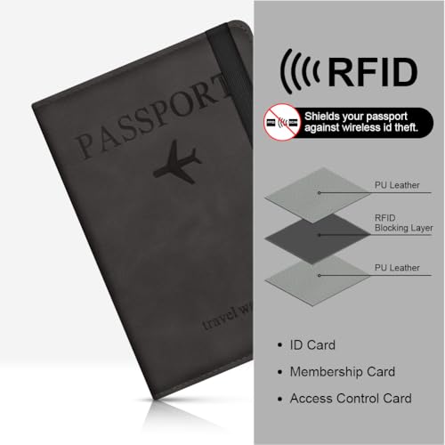 Image of Passport Holder Cover, PU Leather Passport Cover with RFID Blocking Travel Wallet, Portable Universal Travel Wallet Case Organiser for Money, Boarding Passes, Credit Cards, Black, 14.8 x 11 cm