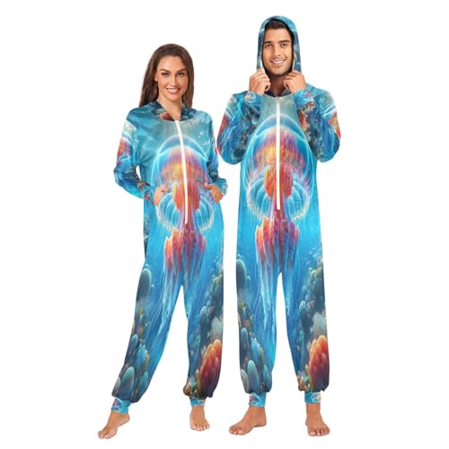 Joisal Jellyfish Undersea Blue Adult Onesie Costume Women One Piece Pajamas Fashion Men Full Body Pjs Large
