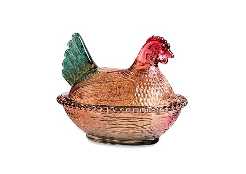 ccsxqy Vintage Glass Hen on Nest Dish with Lid - Large Pedestal Rooster Glass Candy Bowl, Colorful Crystal Candy Jar for Snacks, Dessert, Cookies | Home Kitchen Office Tabletop Decor