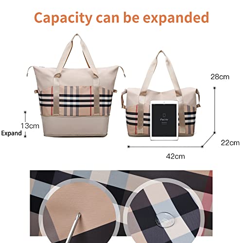 Travel Duffel Bags For Women,Large Capacity Carry On Tote Bag,Expandable Sports Gym Bag With Trolley Sleeve Weekender Tote Bags For Hospital Gym Check Khaki Birthday Gift Bag Dance Swim Yoga Beach Bag #TOP1