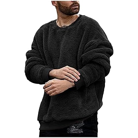 Men's Round Neck Fluffy Sweatshirt Fuzzy Pullover Plain Leisure Plush Hoodie Autumn Winter Warm Teddy Fleece Sweater Long Sleeve Double-Sided Fleece Jumper, black, M Cover