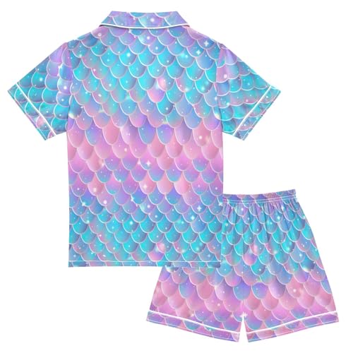 ALAZA Fish Scale Mermaid Blue Pink Satin Pajamas Set Short Sleeve Button Down Sleepwear Summer Pjs 2 Piece2
