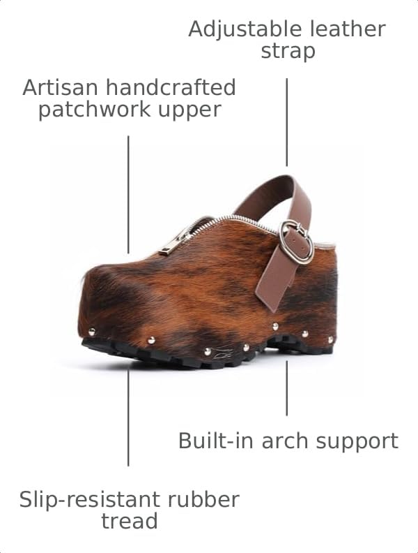 Image of XOBZJH Women's Natural Cow Print Fur Platform Clogs with Decorative Zipper & Adjustable Buckle Strap - Western Slip-On Punk Rivet Mules with Arch Support, Chunky Retro Rustic Style