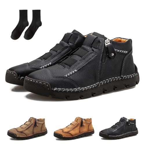 Matufit Shoes for Men,Men's Genuine Leather Waterproof Non-Slip Fashionable Orthopedic Shoes,Side Zip High-Top Flats