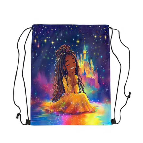 Image of jejeloiu Cute Black Drawstring Backpack 13x15.7inch African American Waterproof Gym Drawstring Bags Princess Theme Sports String Backpack Beach Swim Travel Bag Sackpack(N