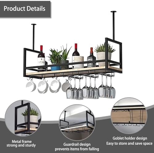 Ceiling Shelf - Ceiling Hanging Wine Glass Holder, Kitchen Hanging Storage Rack, Wall Mounted Solid Wood Wine Glass Holder with Guard Rails, for Kitchen/LOFT/Bar (Size : 100 * 30 * 60cm)