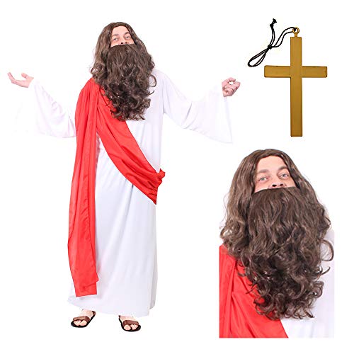 Déguisement Jésus avec Accessoires - Y Compris: Un Déguisement Jésus, Une Perruque et Barbe et un Croix Religieuse - Idéal pour vos Fêtes Halloween entre Amis et...