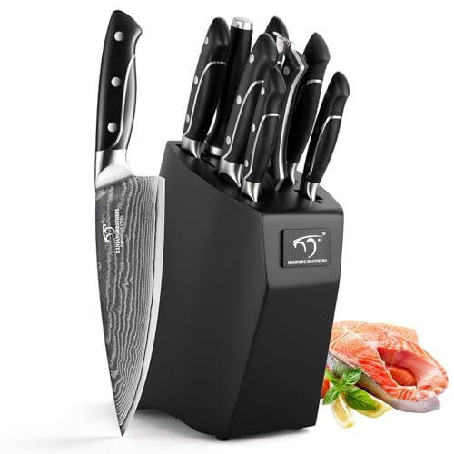 NANFANG BROTHERS 9-Piece Damascus Knife Set with Wooden Block - Professional Japanese VG10 Steel Kitchen Knives, Chef Knives Set, Black Damascus Steel Knives