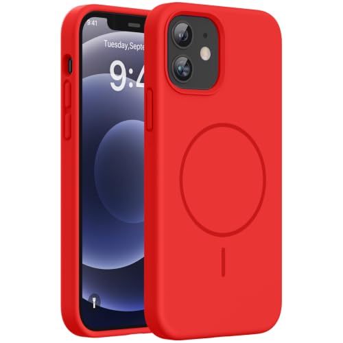 Image of miracase Magnetic for iPhone 12 Case /iPhone 12 Pro Case, [Soft Anti-Scratch Microfiber Lining], Compatible with MagSafe, Liquid Silicone Shockproof Drop Protection Phone Case for 12 /12 Pro,Red