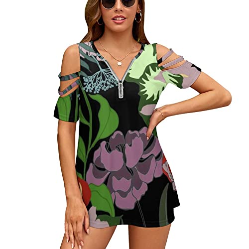 KccOsg Túnica feminina para usar com leggings, túnicas florais com ombro vazado, ajuste solto, zíper