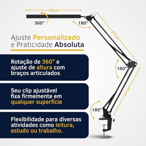 Luminária de mesa LED, luminária de mesa com braço articulado e braçadeira, 3 modos de brilho de ilu
