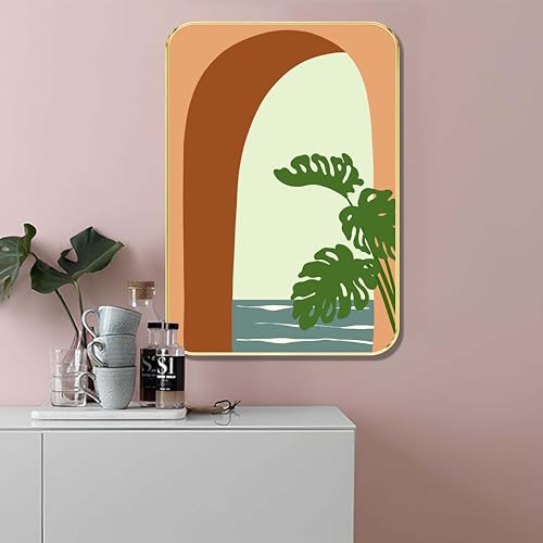 Livin'luxe Tropical Arch Window Framed Wall Art |Abstract Monstera Leaf & Ocean View Painting | Modern Golden Frame Decorative Artwork for Living Room, Hall, Bedroom (13 x 19 Inch) MG01-348