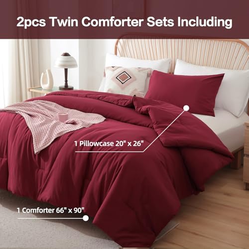 Image of ROSGONIA Twin Comforter for College Girls Boys Dark Red, 1 Twin XL Comforter & 1 Pillowcase, Lightweight Twin Bedding Sets Kids Comforter Dorm Bedding