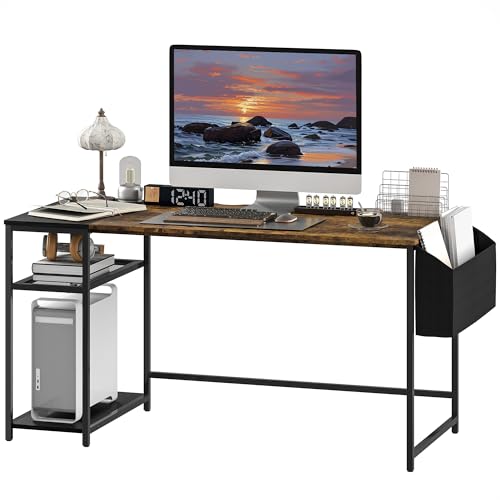 HOMCOM Bureau d'ordinateur, Table Informatique 150 x 60 cm, Bureau avec Rangement, étagères de Rangement réversibles et Sac en Tissu, pour Petits espaces, Chambre à Coucher, Marron