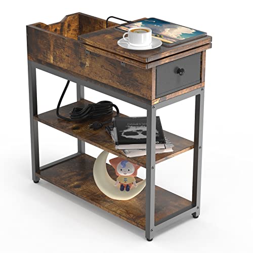 Lazeyard End Table With Charging Station, Bedside Table, Flip Top Side Table With Usb Ports Narrow Nightstand For Living Room/Bedroom, Brown #TOP19