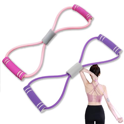 8 Resistance Bands with Handles, Arm & Shoulder Figure 8 Fitness Band, Chest Expander, Yoga Pulling Rope for Strength Training & Stretching, Stretch Bands for Exercise (Purple & Pink)