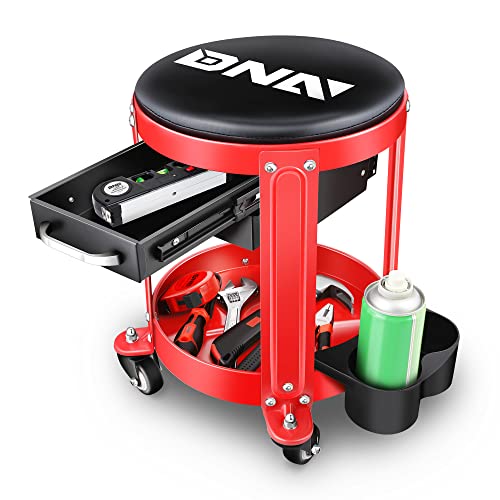 DNA Motoring TOOLS-00197 Round Mechanics Roller Seat Creeper Stool With Padded Cushion, Tool Storage Drawer & Tray, 300 Lbs Max Weight Capacity