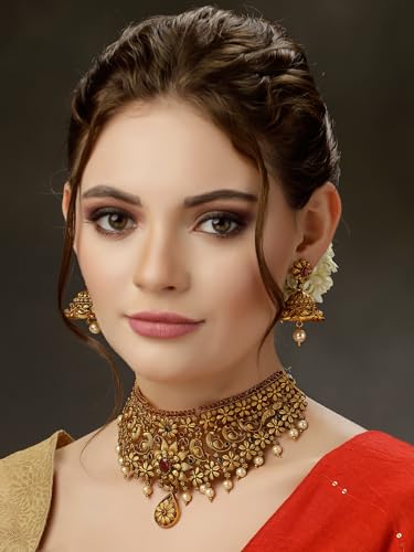 Shining Diva Fashion Latest Stylish Fancy Pearl Choker Traditional Jewellery Set for Women | Temple Necklace Set | Festive Wedding Party Necklace | 22k Gold Plated | Just Like Original Gold Jewellery
