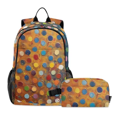 Backpack Lunch Bag Set for Travel Hiking Picnic, Colored Dots Print Backpacks with Insulated Lunch Box