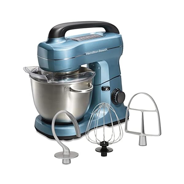 Hamilton Beach Electric Stand Mixer, 4 Quarts, Dough Hook, Flat Beater Attachments, Splash Guard 7 Speeds with Whisk, Blue