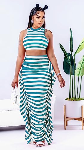 Image of YUEWOO 2 Piece Outfits for Women Sexy Crop Top Ruched Bodycon Maxi Dresses Fringe Skirt Sets Night Club Jumpsuits