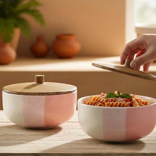 Image of The Earth Store Tritone Pink Matte Ceramic Bowl Set of 2 - 500ML Each with Nob Wooden Lid | Mixing Bowls for Snacks, Rice, Dal, Fruits, Salad Microwave Safe Bowl with Lid Perfect Gifting & Daily Use