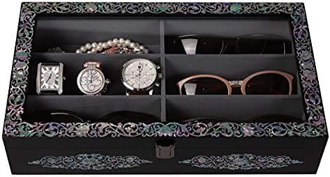 Antique Alive Mother of Pearl Handmade Wood Sunglasses Box Eyeglasses Valet Display Storage Case Glasses Watches Jewelry Trinkets Accessory Organizer Gift (Dragon Black)
