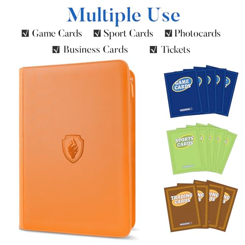 Image of Premium Zip Card Binder, Fabmaker 9 Pocket Trading Card Binder, PU Cover Zipper Card Collection Album, Sturdy 360 Side-Loading Card Folder Holder for Game & Sports Cards, Orange