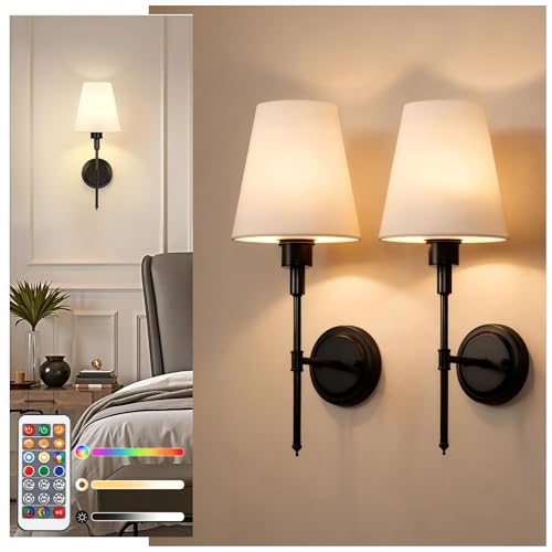 Image of DORESshop Battery Operated Wall Sconce Set of 2, Wall Light Wireless Easy to Install, Dimmable and Adjustable Sconces Wall Decor, Rechargeable Wall Lamp for Bedroom, Living Room, Black 18.7in