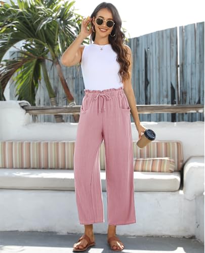 Image of siliteelon Wide Leg Linen Pants for Women Summer Capri Palazzo Flowy Pants Casual Loose High Waist Trousers with Pockets