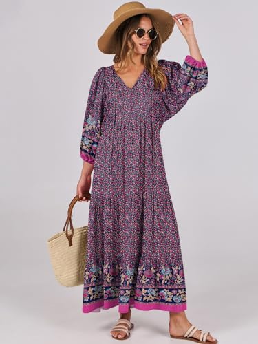 Image of ANRABESS Womens Boho Floral 3 /4 Puff Sleeve Maxi Dress