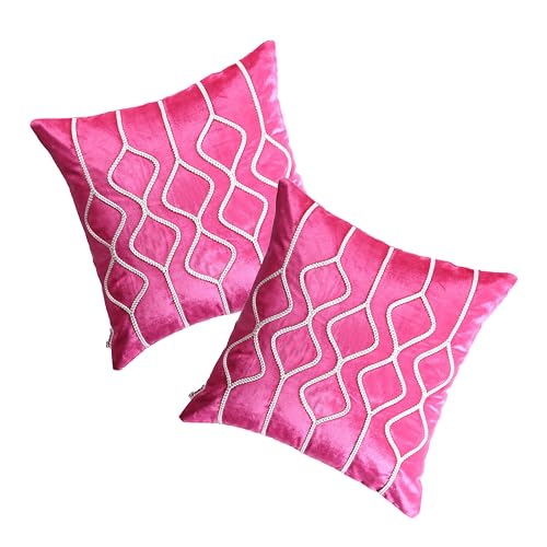 Image of Home - The Best is for You Luxurious Pink Velvet Cushion Covers Embroidered - Set of 2, 16x16 Inch