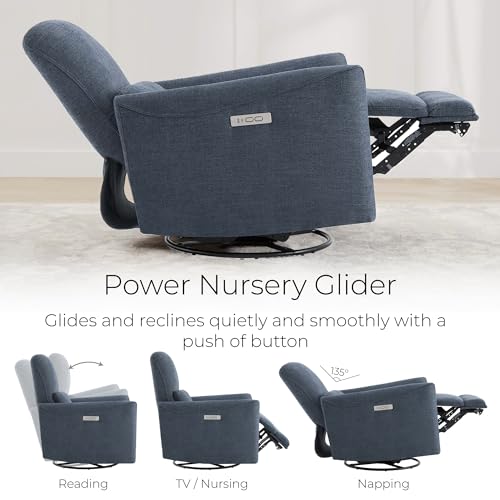 Image of CHITA Power Swivel Glider Recliner Chair, Nursery Glider, Fabric Ink Blue | FSC Certified Upholstery Rocking Chair, Power Lumbar Support, Reclining Chair for Living Room & Nursery