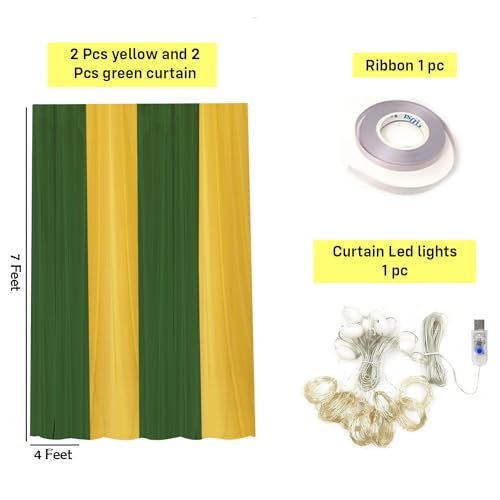 Image of Party Propz Yellow Green Backdrop Decorations with Curtain Light, Haldi and Mehendi Decoration Setup, Haldi Decoration Items for Home, Backdrop Cloth for Decorations Pooja (6Pcs)(Satin)