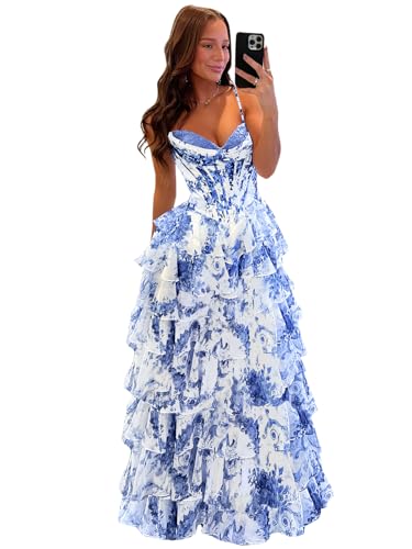 camftbo Long Floral Blue Prom Dresses for Women 2026 Corset Tulle Ruffle Tiered Spaghetti Straps...