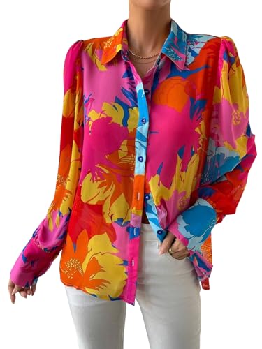 Button Down Shirts for Women Dressy Lantern Long Sleeve Blouses Printed Casual Loose Colorful Blouse Work Tops4