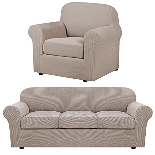 Versailtex 4 Piece Stretch Sofa Covers For 3 Cushion Couch Covers Bundle 2 Piece Arm Chair Cover,Sand #TOP14