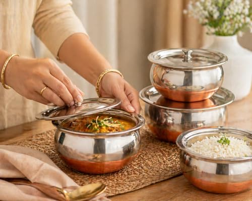 Image of Steel Magic Copper Bottom Handi /Urli Set, Cookware Set Induction Bottom Cookware Set, Stainless Steel, Copper Handi Set of 3 (800, 1100, 1600 ML)