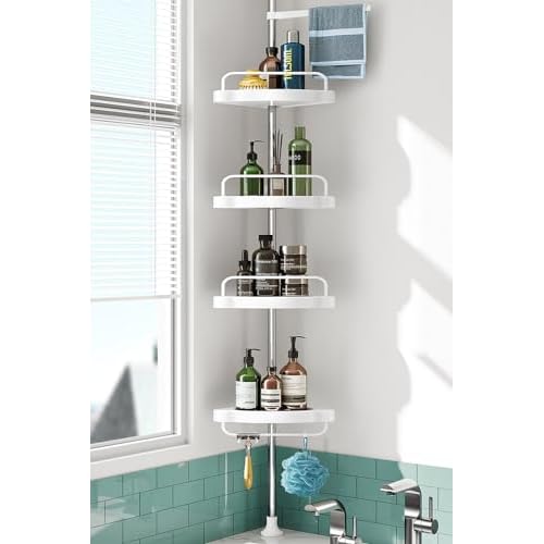 Corner Shower Caddy Tension Pole: Rust Proof 4Tier Shampoo Storage Organizer for Inside Shower - Telescoping Rod Shower Rack for Bathroom and Bathtub - Restroom Floor Standing Bath Rack Holder