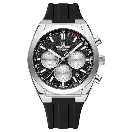 NAVIFORCE Armbanduhren für Herren, multifunktional, Chronograph, analog, Quarz, wasserdicht, mit Silikonband, Geschenk für Herren, Silber + Schwarz + Schwarz