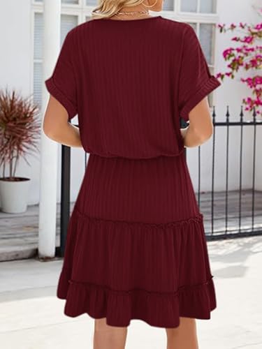 Image of PerZeal Women's Casual V Neck Short Sleeve Tiered Dress Ruffle Hem A-Line Flowy Swing Midi Dresses