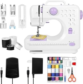 Mini Sewing Machine for Home Use, 12 Stitch Patterns, LED Light & Foot Pedal, 2-Speed Portable Electric Sewing Machine with 32 Spools Thread Kit for Beginners, Kids & Adults