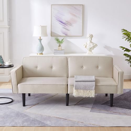 Moimhear Sofá cama 2 en 1, sofá de dos plazas, respaldo doble ajustable independientemente, con función de sueño, tela de algodón y lino, espuma de alta densidad (beige)