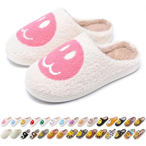 Image of Women's Men's Preppy Happy Face Slippers Comfy Warm Plush Slip-On House Slipper for Winter Indoor Soft Cushion Non-slip Fluffy Slides Slippers