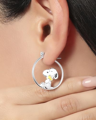 Peanuts Snoopy Earrings for Women Official License, Silver Flash-Plated Hoop Earrings with a Snoopy and Woodstock Accessory2