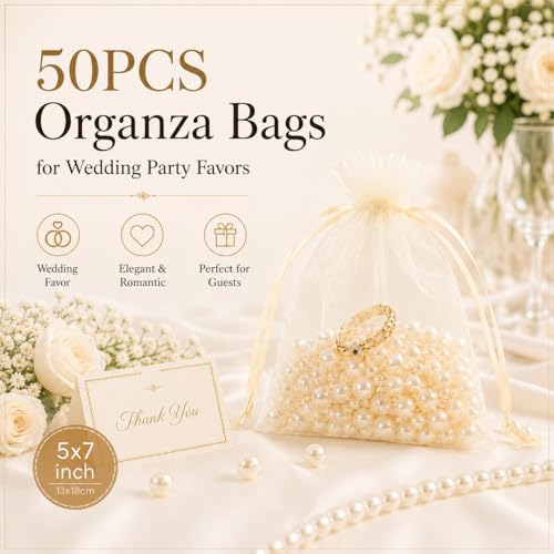 Image of ANZNKU 50 Pack Ivory Organza Bags 5x7 In, Small Mesh Gift Bags Bulk with Drawstring for Jewelry Candy Sachet Soap, Goodie Pouches for Wedding Baby Bridal Shower & Birthday Party Favors