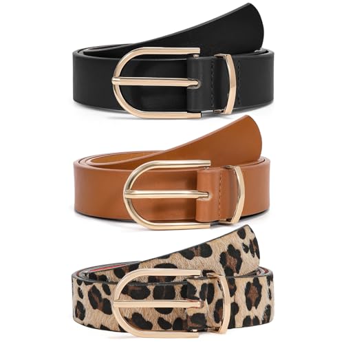 VONMELLI 3 Pack Women's Belts for Jeans Pants Fashion Gold Buckle Ladies Dress Belt Black+Brown+Leopard Print S