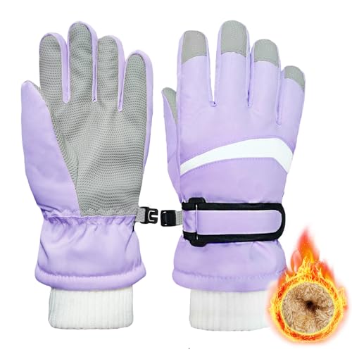 Kids Winter Snow Ski Gloves for Boys Girls Children Snowboard Waterproof Thermal Fleece Gloves for Cold Weather(Purple